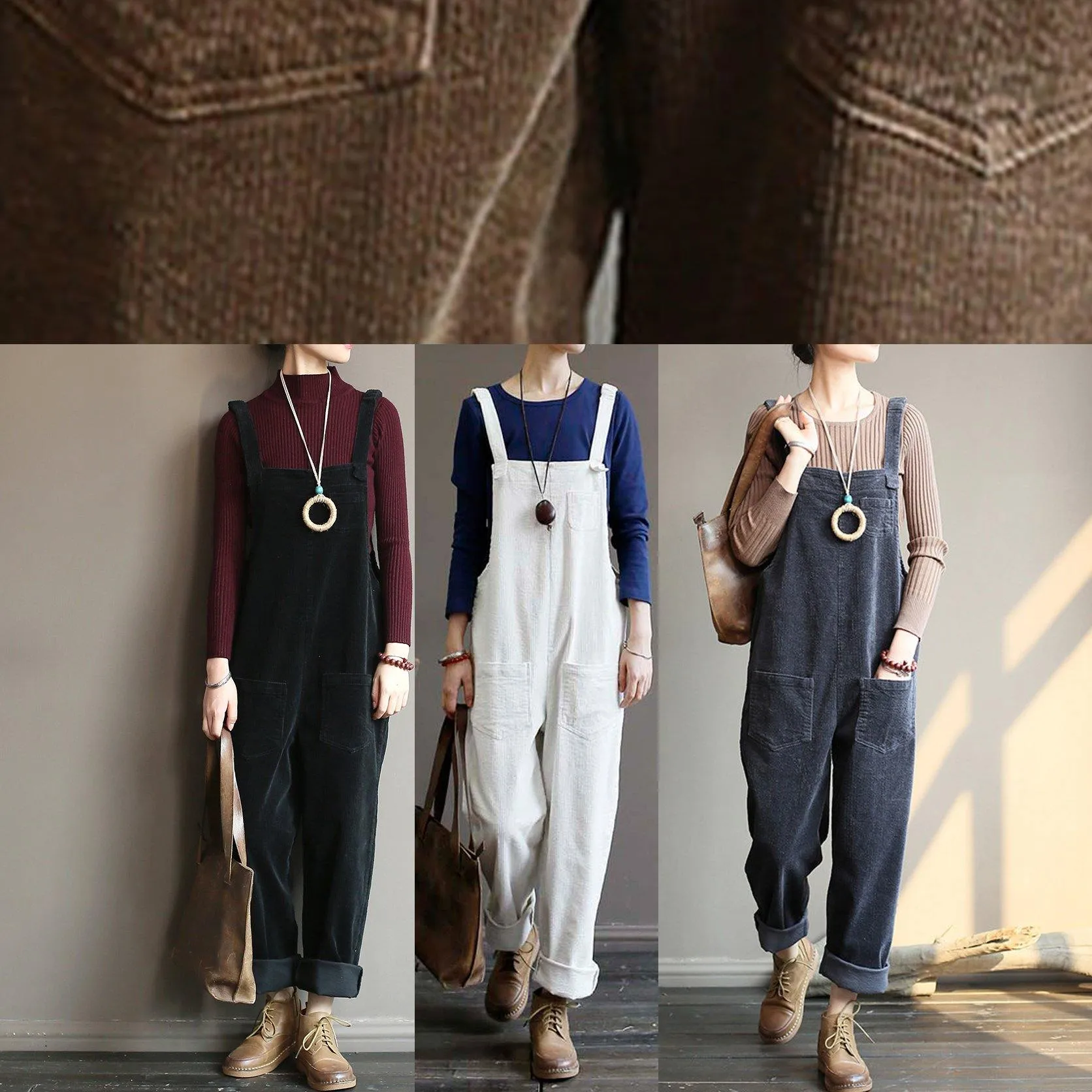 Loose gray corduroy pants overalls college style forest jumpsuit