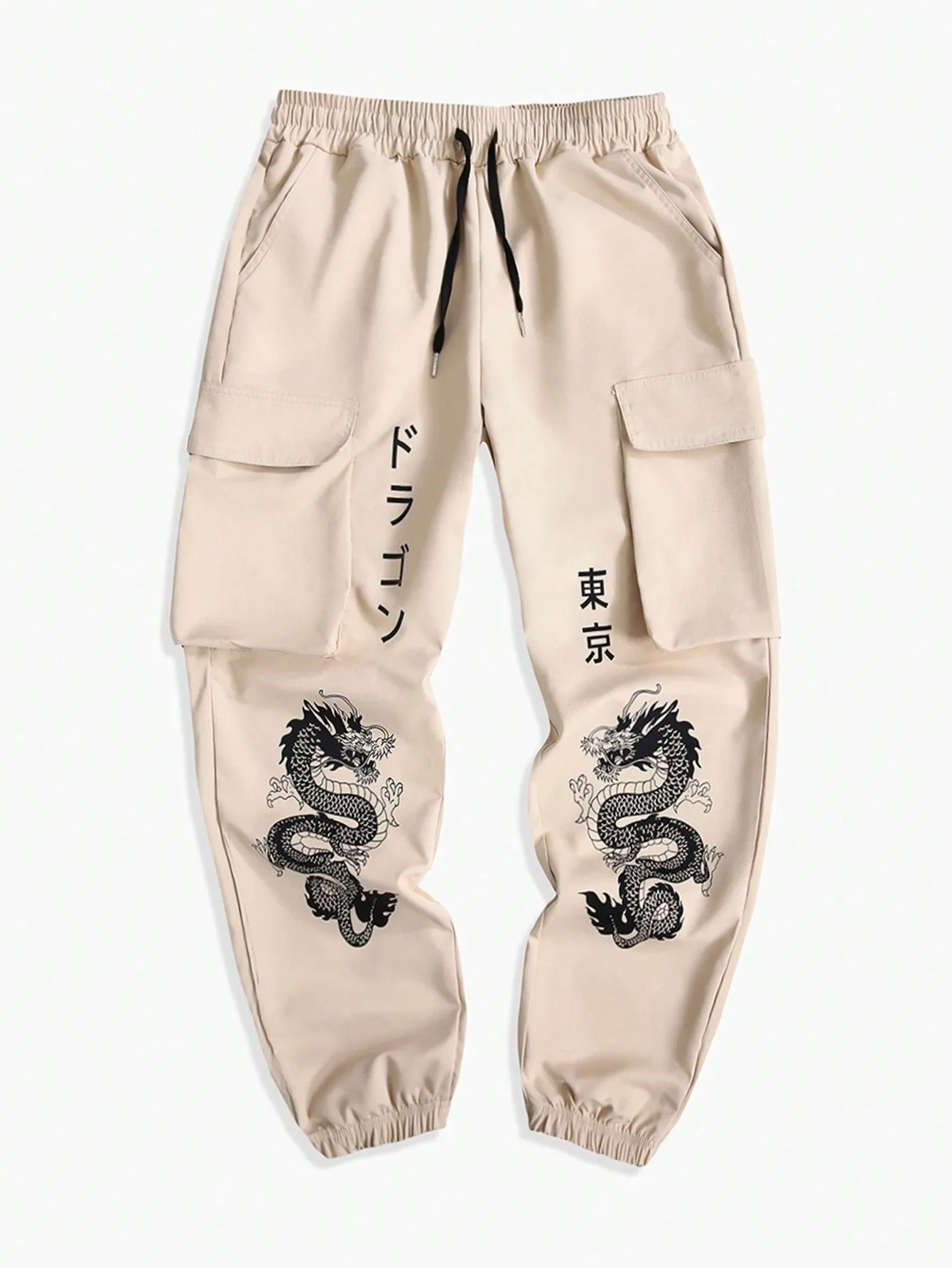 Manfinity EMRG Men's Loose Chinese Dragon Printed Drawstring Waist Cargo Pants