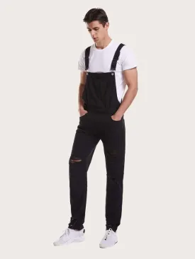 Men Pocket Front Ripped Denim Overall