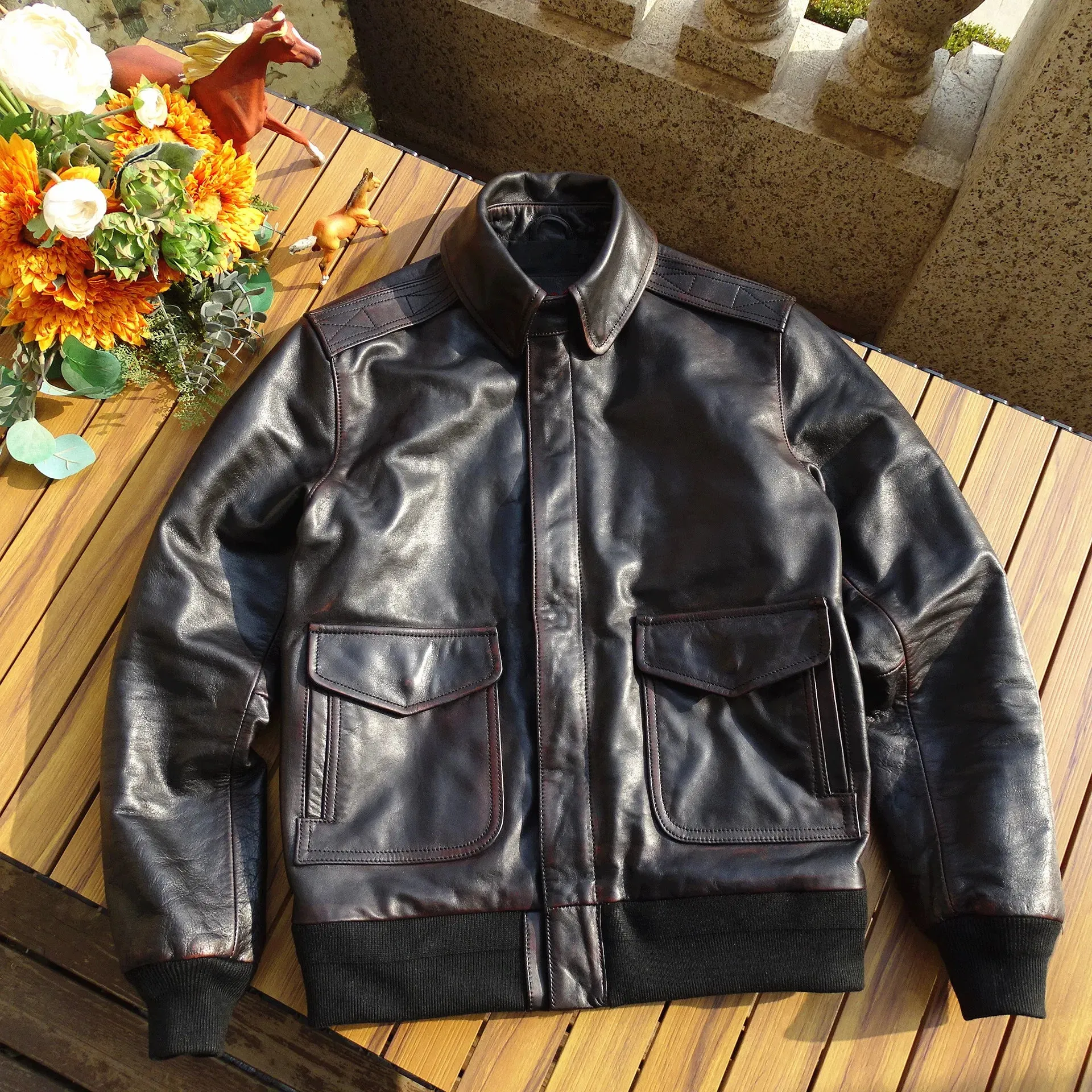 Men's A2 Flight Leather Jacket - Horsehide, Short Slim Fit, Military Style