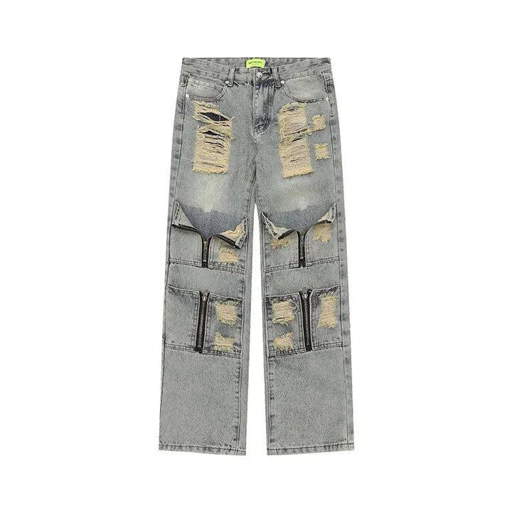 Men's High Streetwear Ripped Deconstructed Zipper Jeans