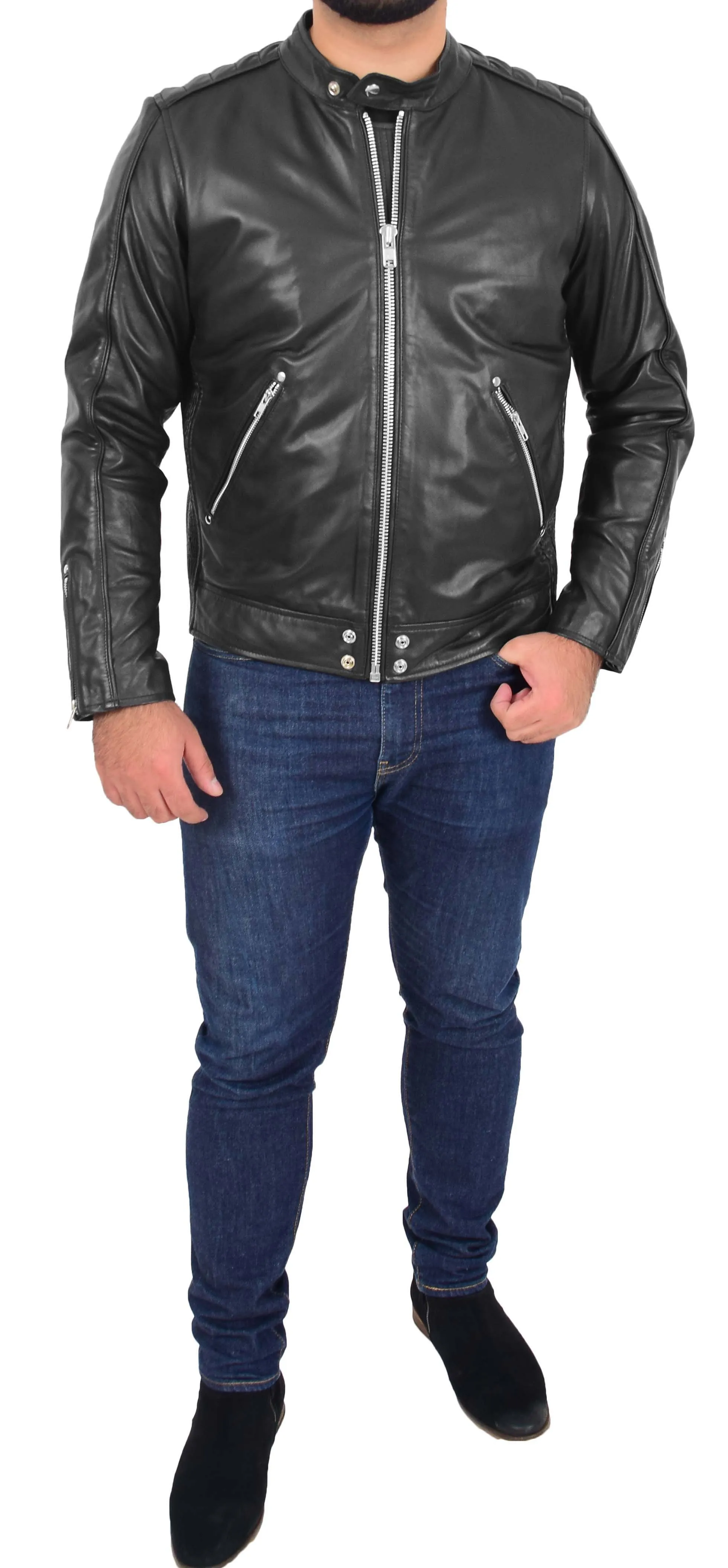 Mens Leather Biker Jacket Slim Fit Colt Black