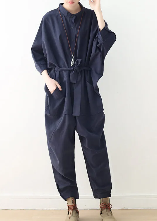 Modern Navy Oversized Tie Waist Cotton Overalls Jumpsuit Fall