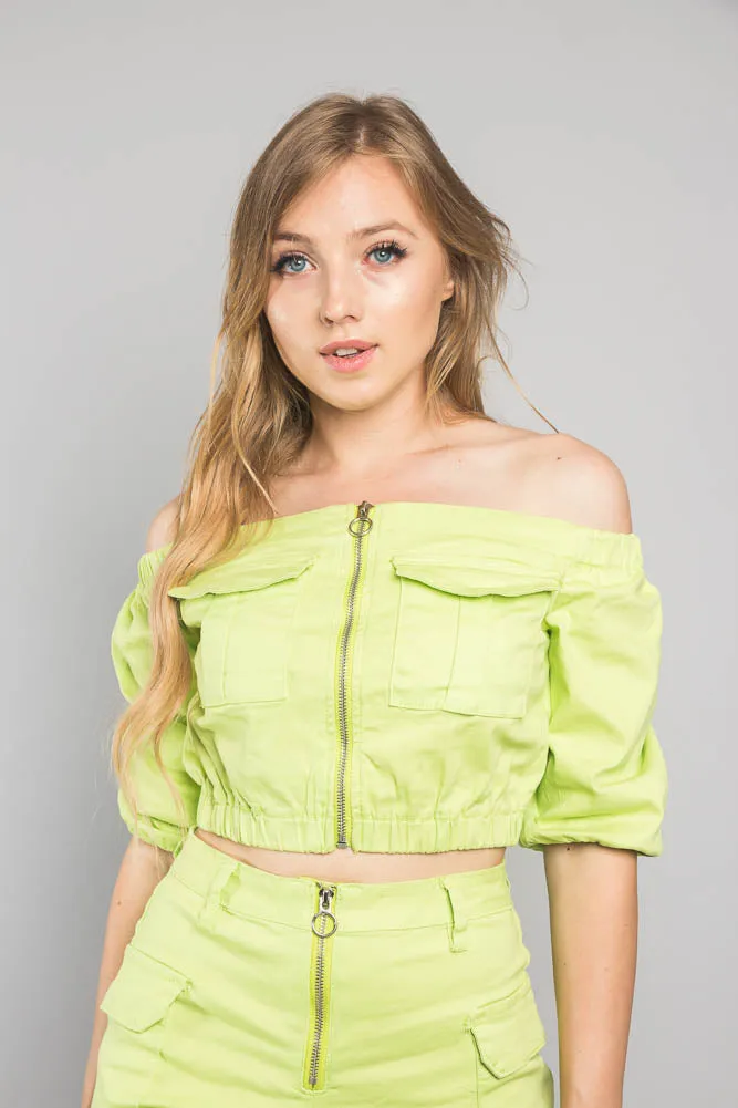 Neon Off the Shoulder Cropped Jacket