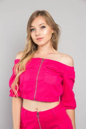 Neon Off the Shoulder Cropped Jacket