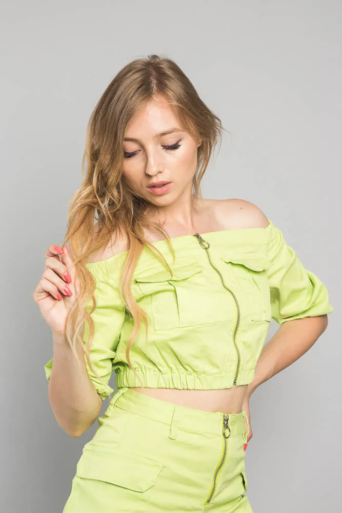 Neon Off the Shoulder Cropped Jacket