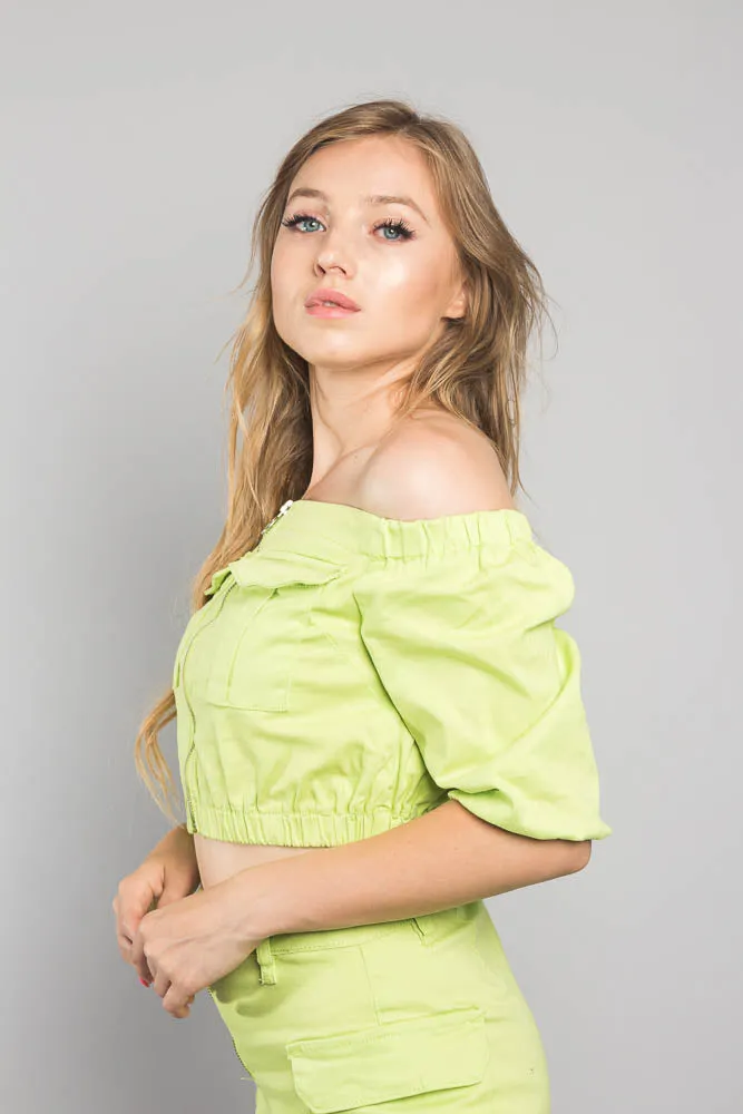 Neon Off the Shoulder Cropped Jacket