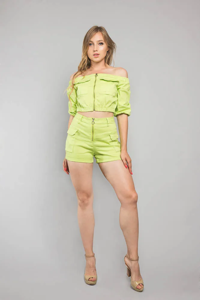 Neon Off the Shoulder Cropped Jacket