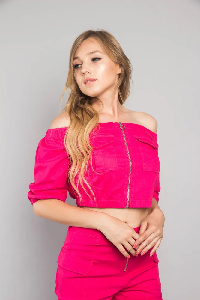 Neon Off the Shoulder Cropped Jacket