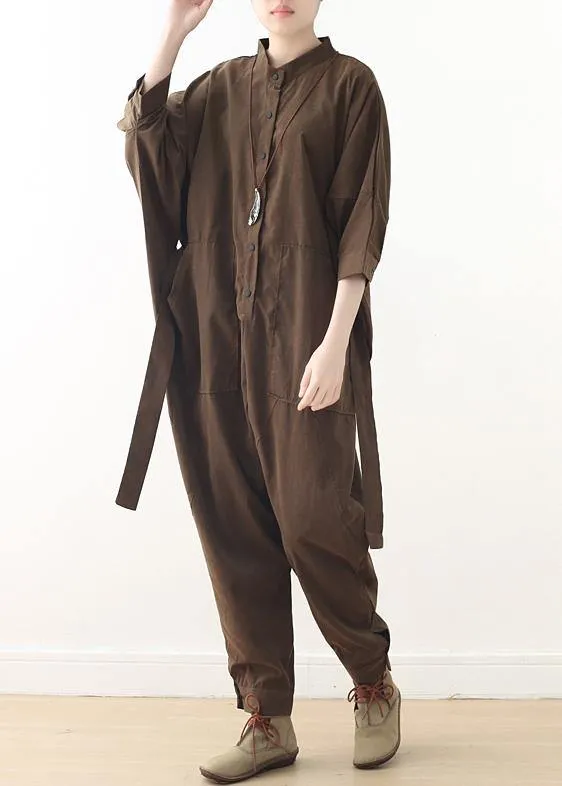 New style literary retro women's loose lace-up one-piece brown overalls