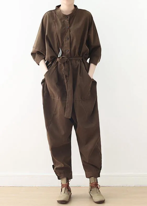 New style literary retro women's loose lace-up one-piece brown overalls