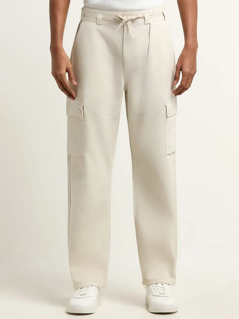 Nuon Cream Mid Rise Cotton Blend Relaxed Fit Cargo Pants