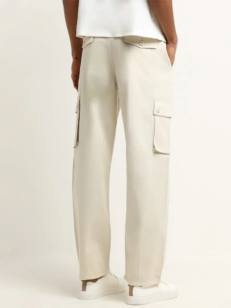 Nuon Cream Mid Rise Cotton Blend Relaxed Fit Cargo Pants