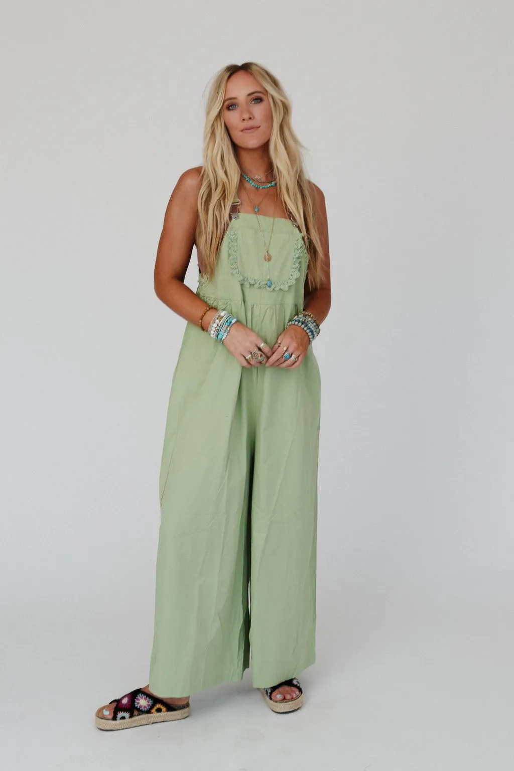 On A Whim Lace Detail Overalls - Sage