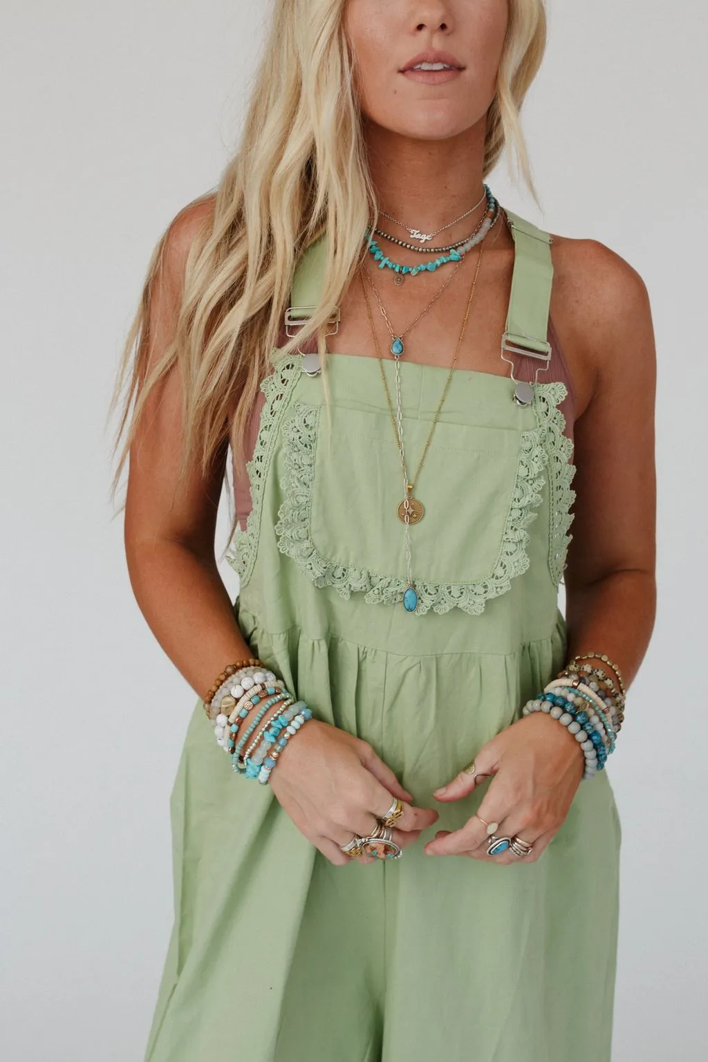 On A Whim Lace Detail Overalls - Sage