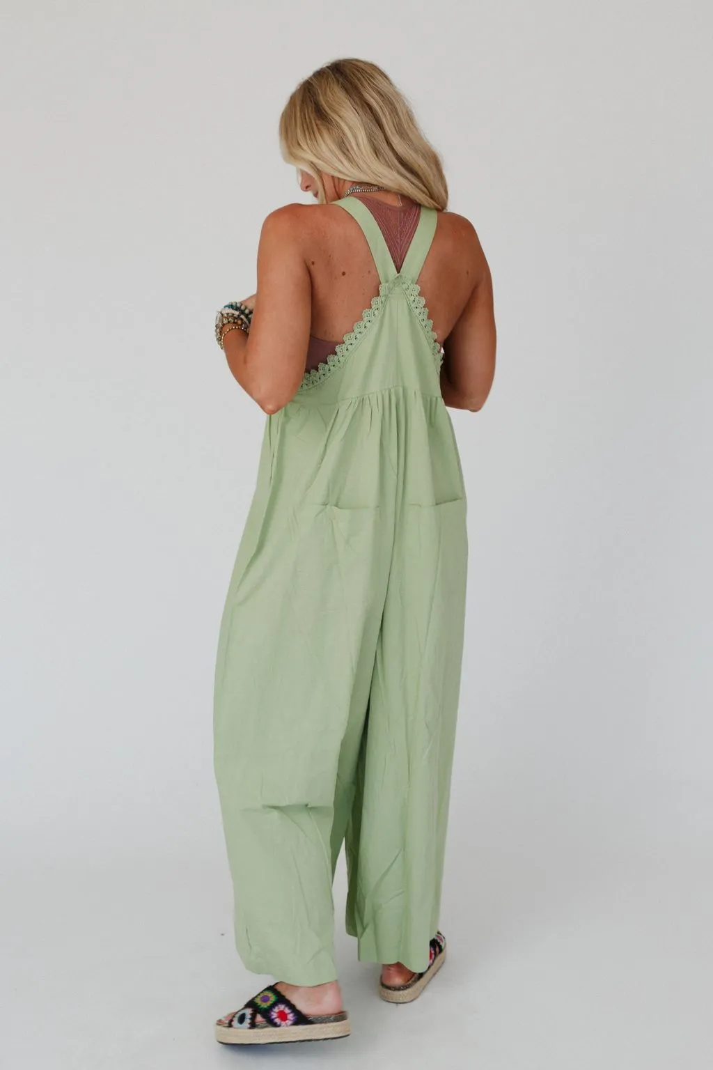 On A Whim Lace Detail Overalls - Sage