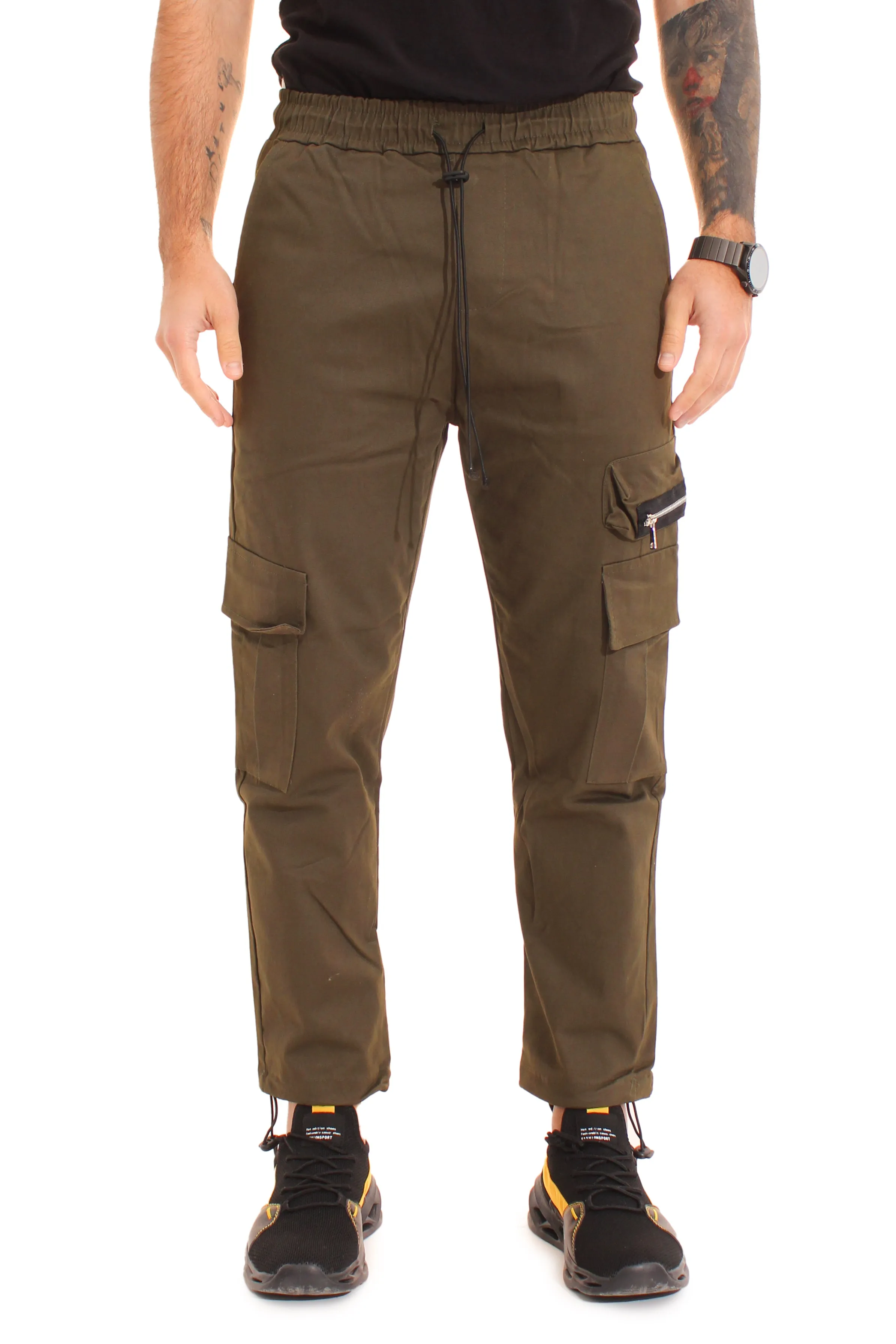 Pantalone Verde Uomo Cargo Tasca America Con Zip Laterale Tasconi Elastico In Vita Art. Pt51