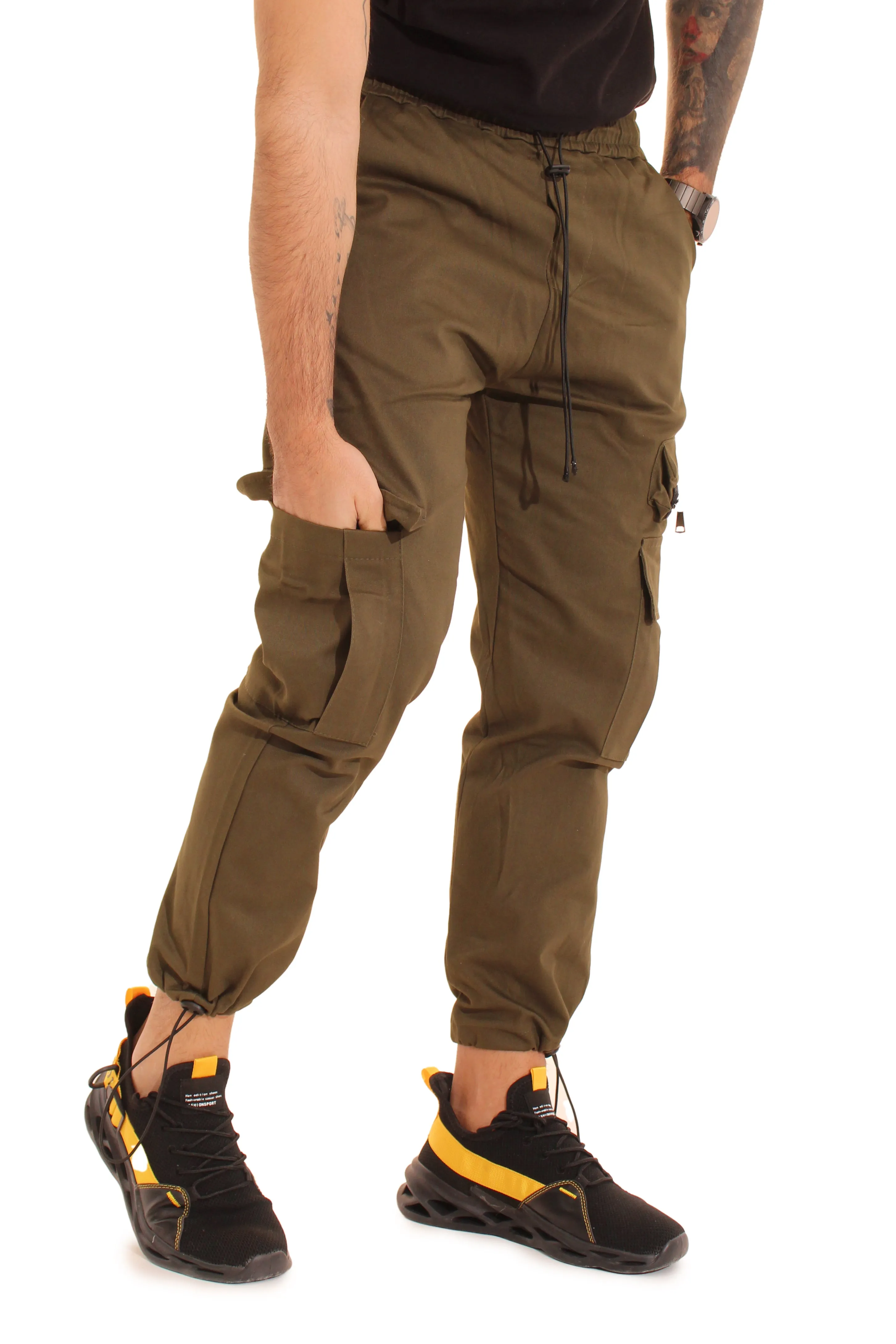 Pantalone Verde Uomo Cargo Tasca America Con Zip Laterale Tasconi Elastico In Vita Art. Pt51