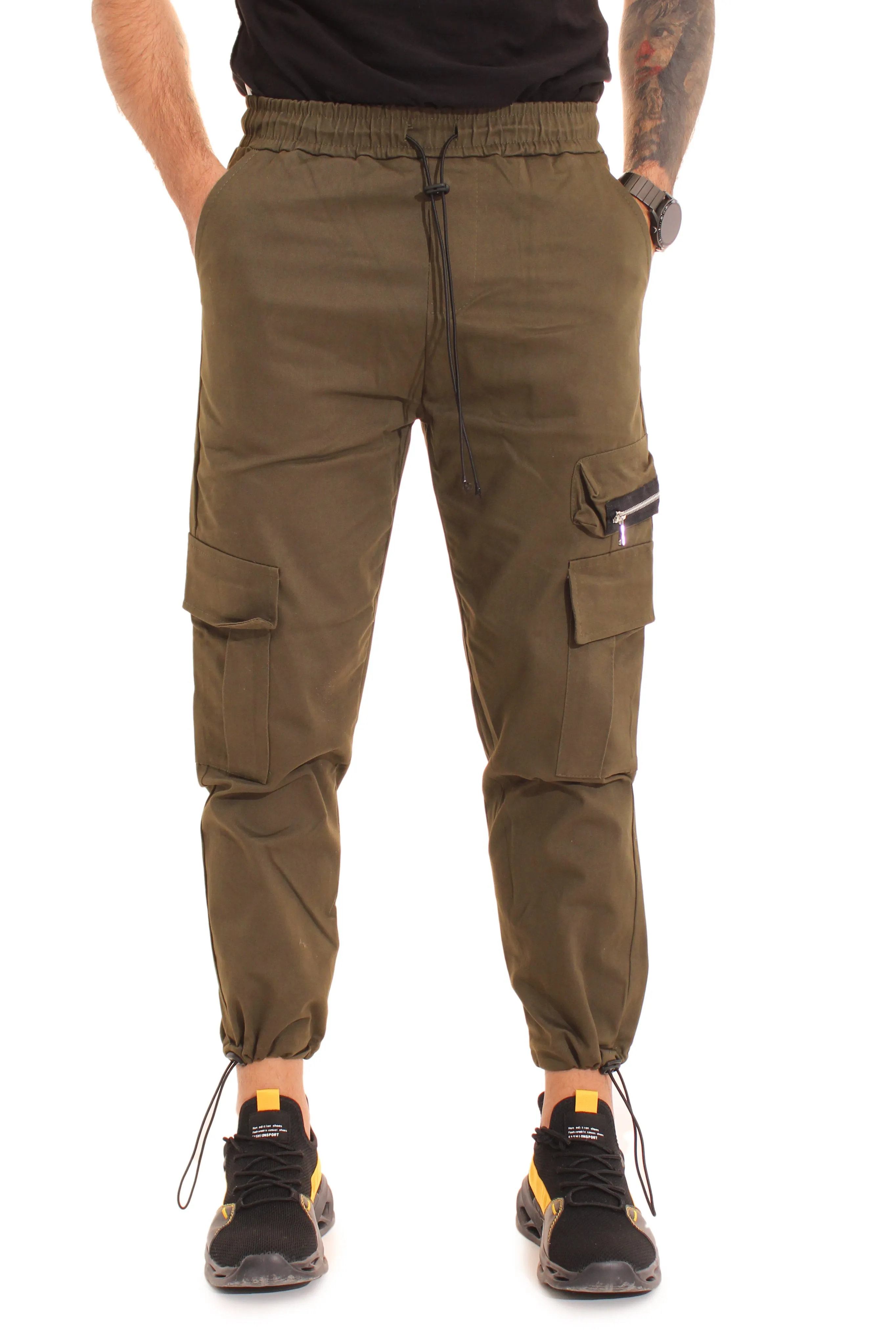 Pantalone Verde Uomo Cargo Tasca America Con Zip Laterale Tasconi Elastico In Vita Art. Pt51