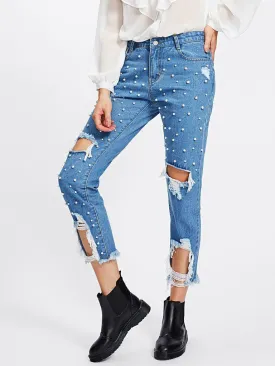 Pearl Beading Destroyed Jeans