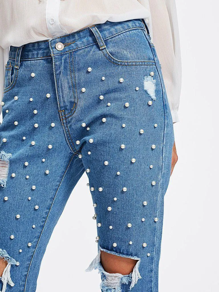 Pearl Beading Destroyed Jeans