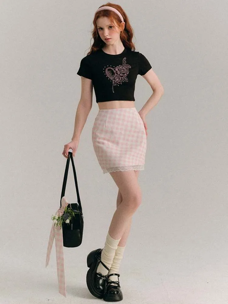 Plaid Lace Hip-Hug Skirt【s0000007387】