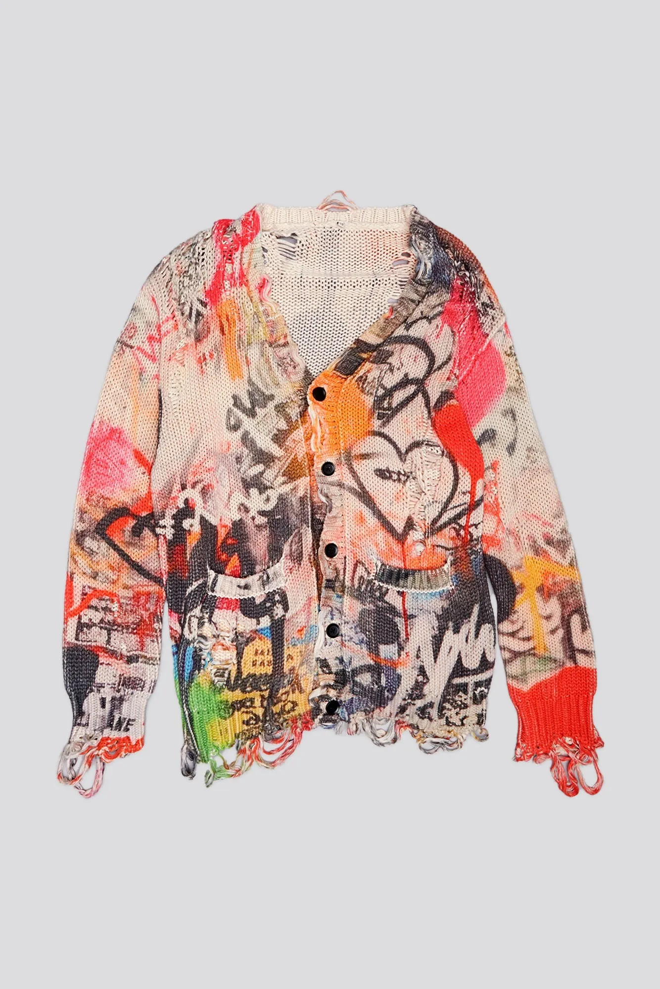 PRINTED BOYFRIEND CARDIGAN - HEART GRAFFITI PRINT