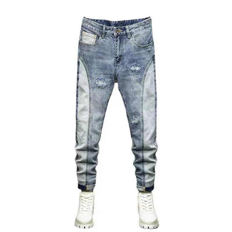 Retro Blue Spliced Elastic Slim Fit Ripped Jeans