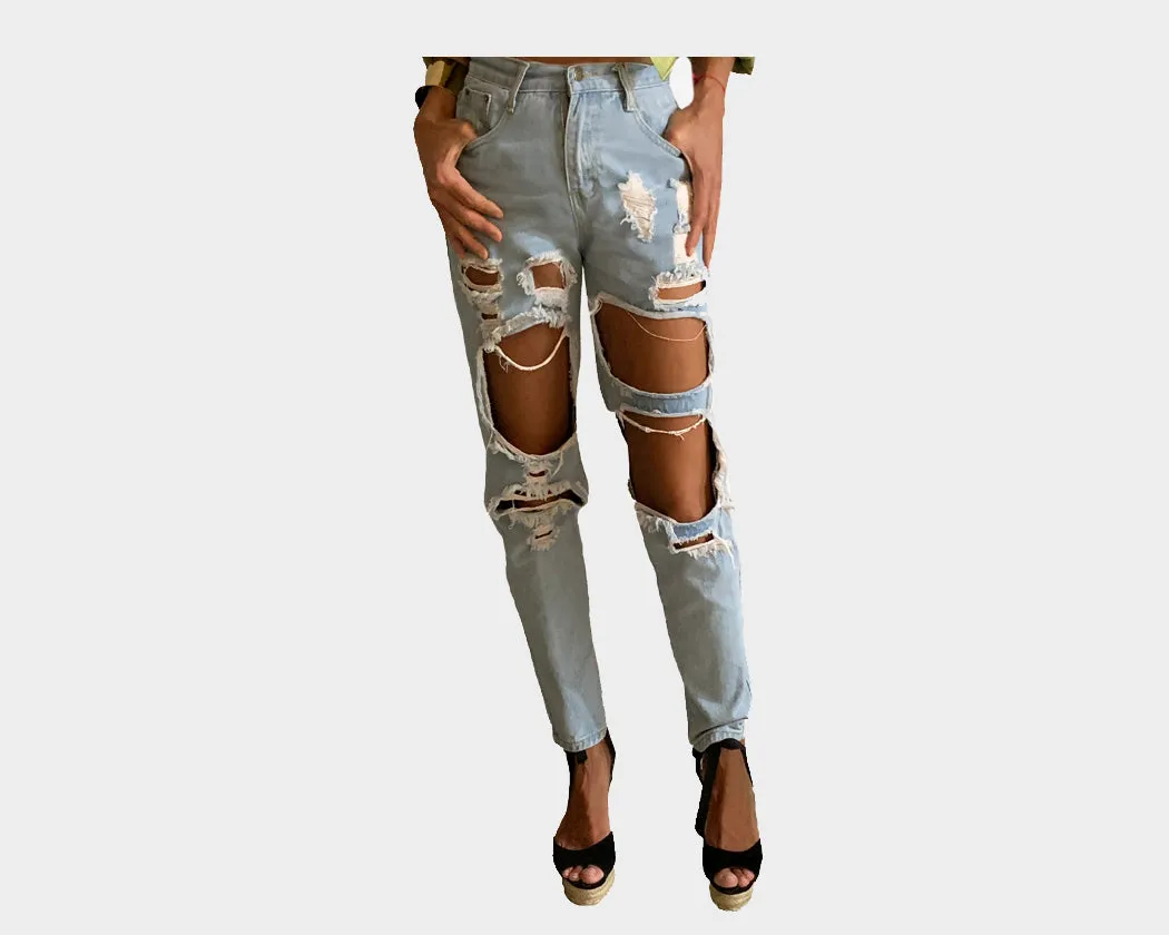 Ripped Faded Blue Boyfriend Jeans - The Pacific Palisades