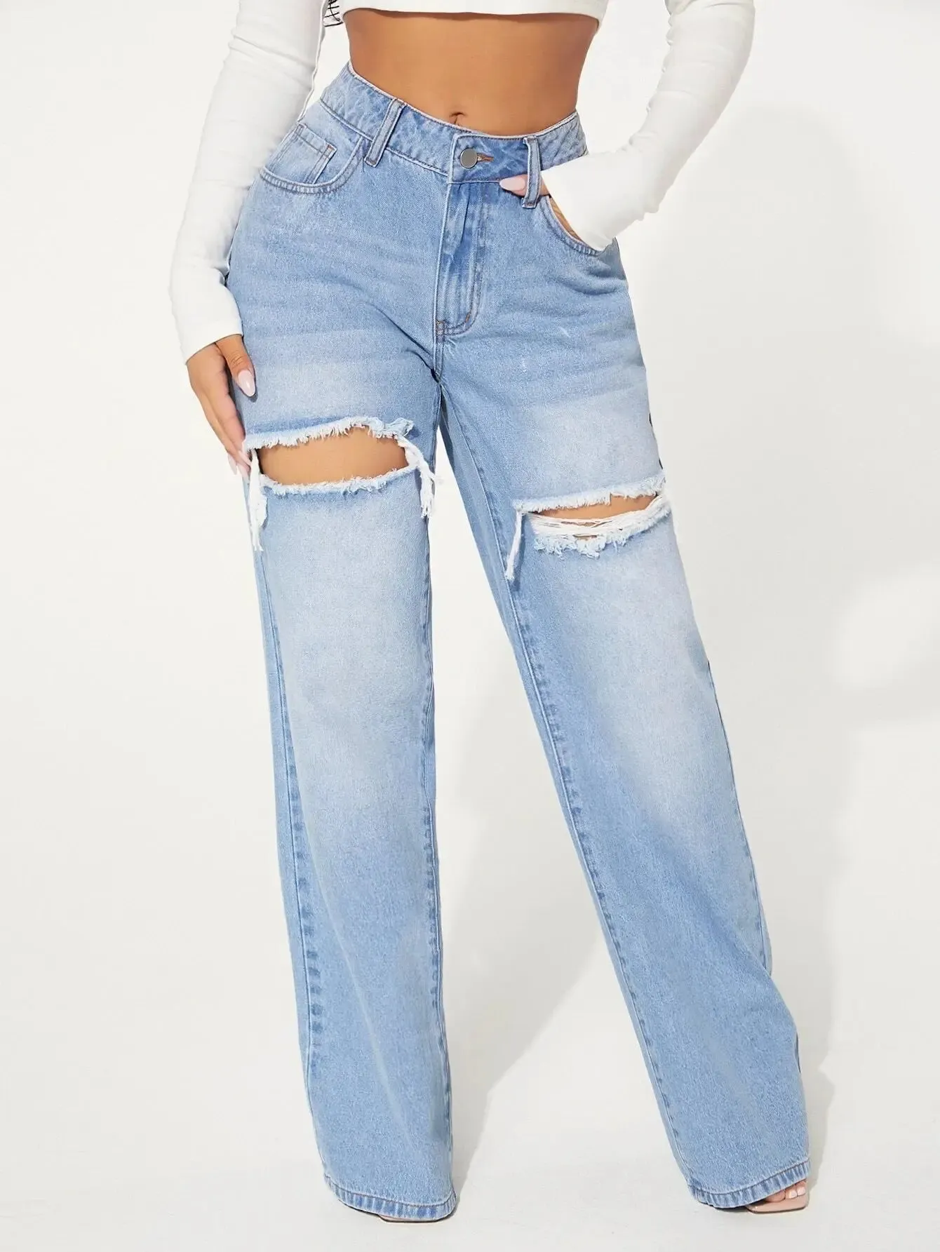 Ripped jeans Single Button Cut Out Ripped Frayed Wide Leg Jeans