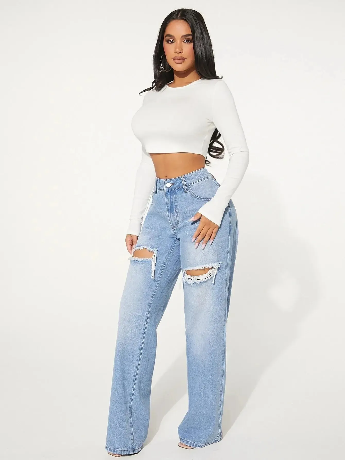 Ripped jeans Single Button Cut Out Ripped Frayed Wide Leg Jeans