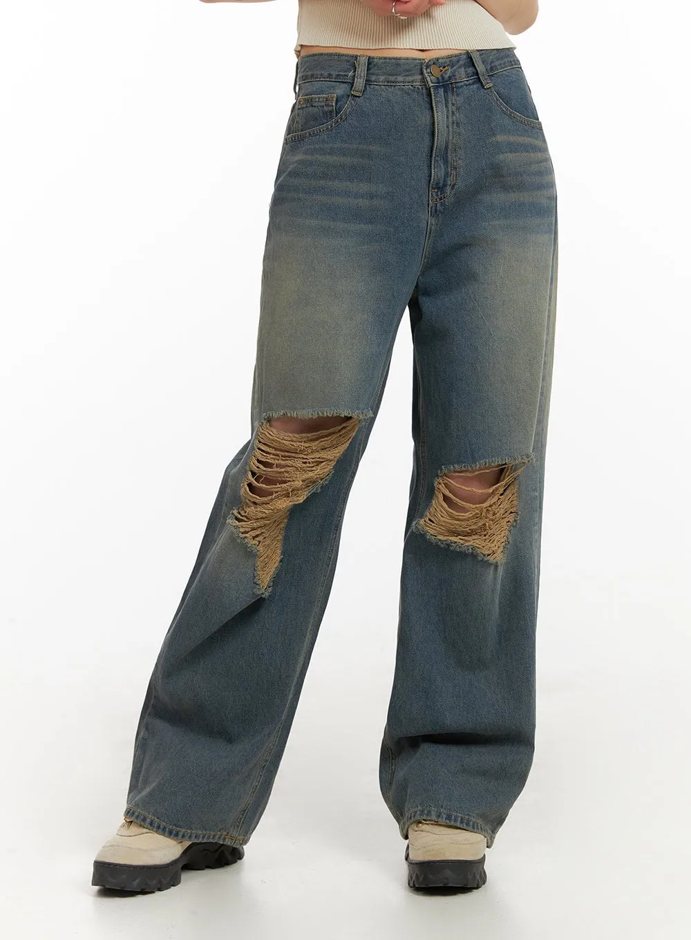 Ripped Washing Wide Leg Jeans IY410