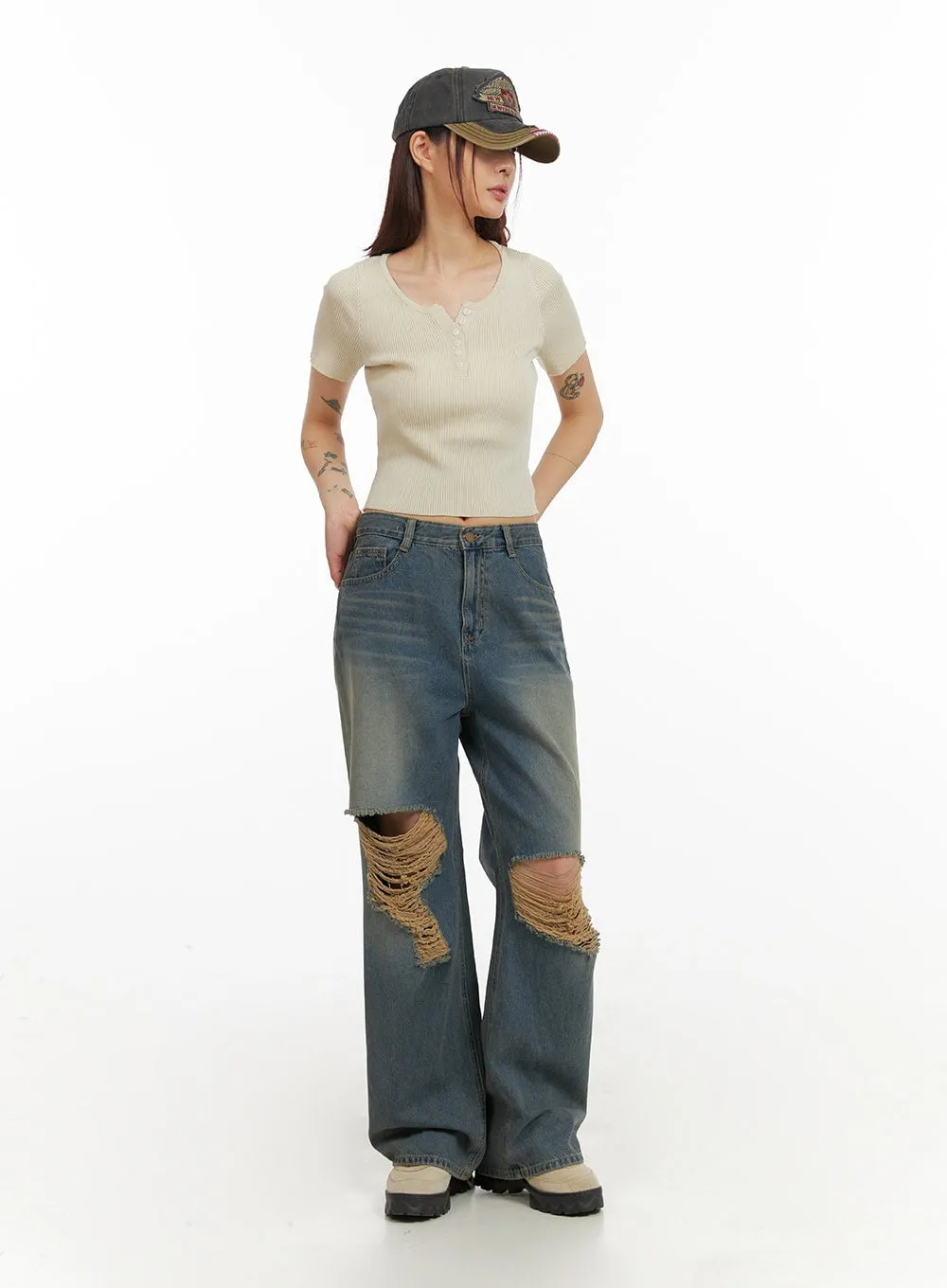 Ripped Washing Wide Leg Jeans IY410