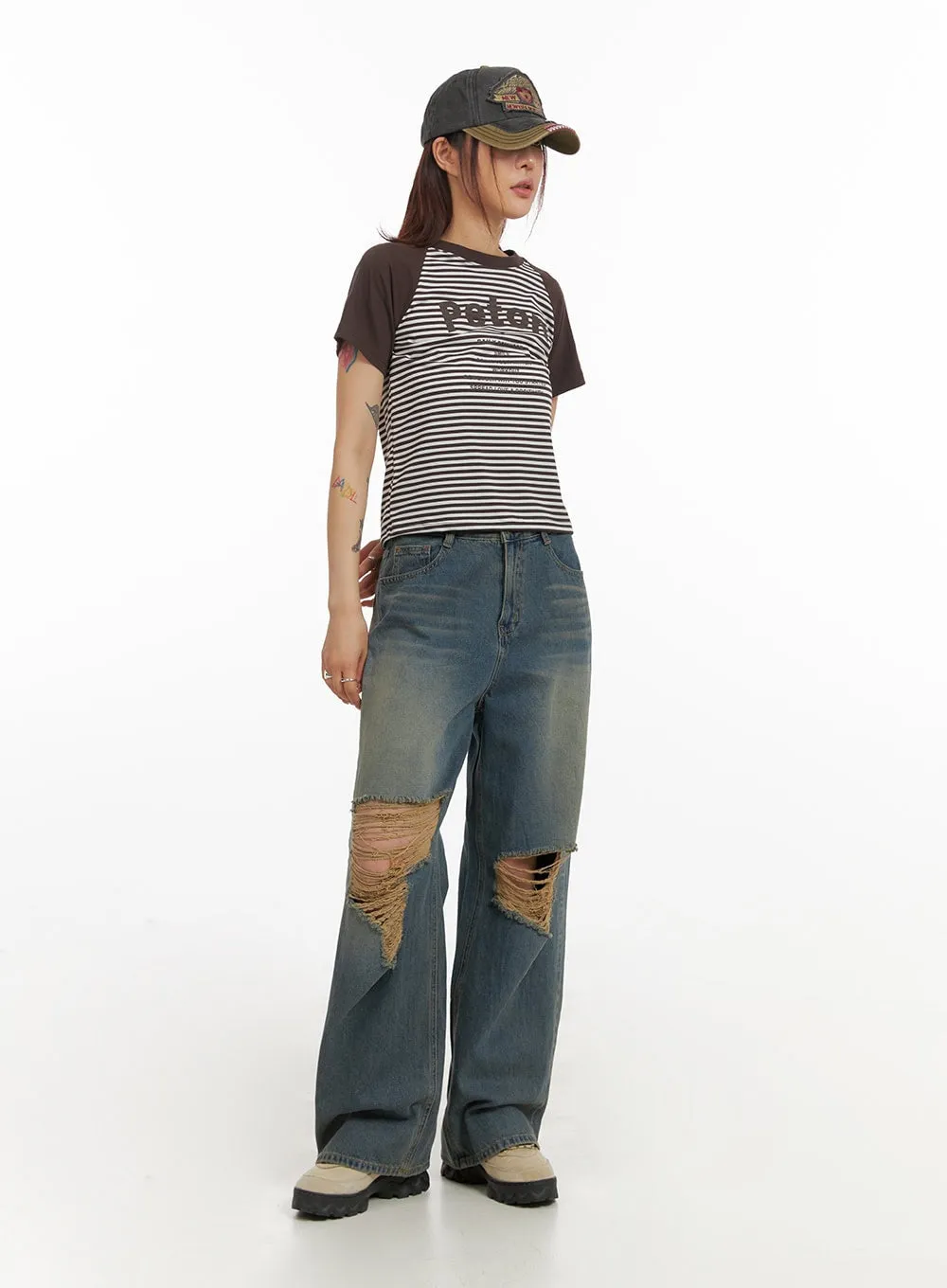 Ripped Washing Wide Leg Jeans IY410