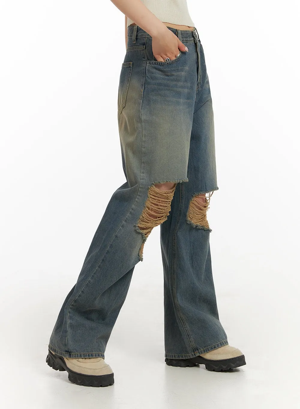 Ripped Washing Wide Leg Jeans IY410