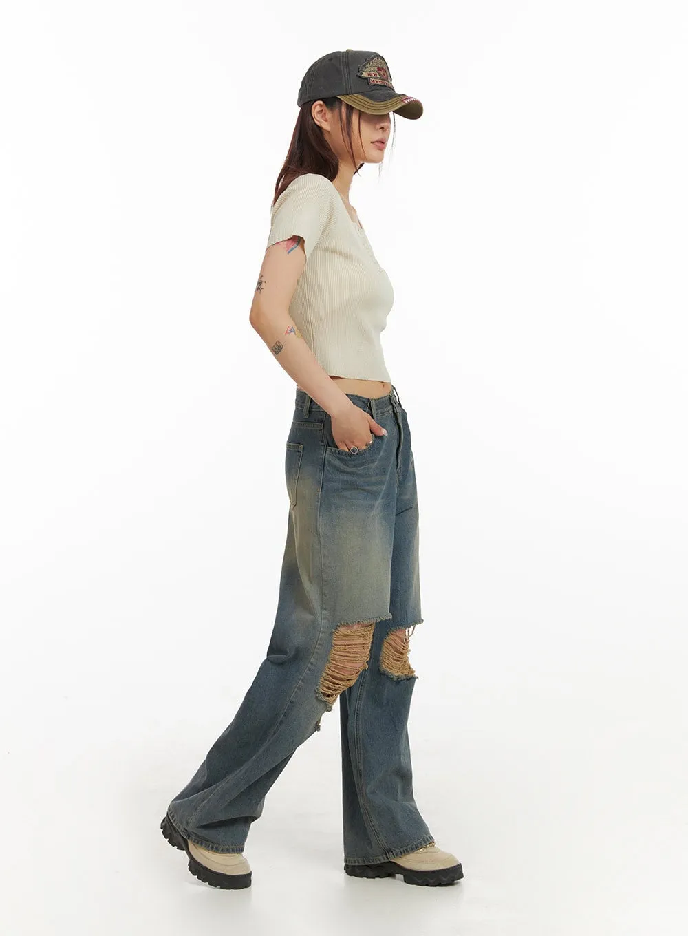 Ripped Washing Wide Leg Jeans IY410