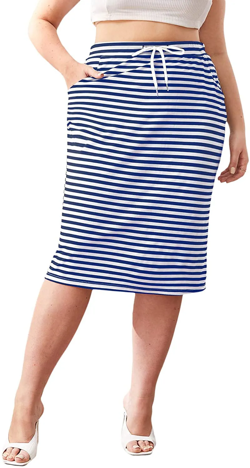 SheIn Women's Plus Striped Drawstring Waist Skirt Pockets Side Straight Midi Skirt