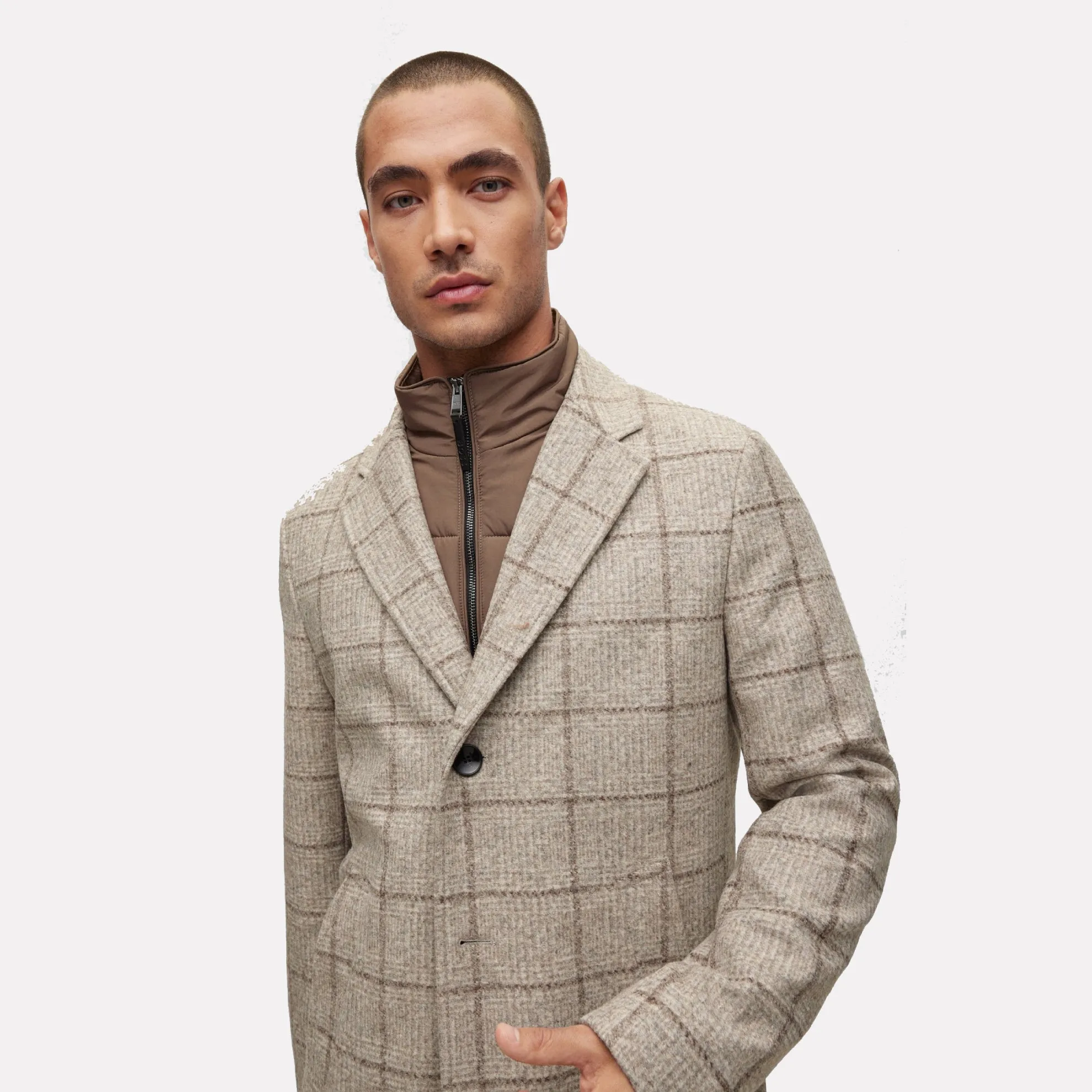 Slim-Fit Overcoat with Removable Inner Bib / Beige