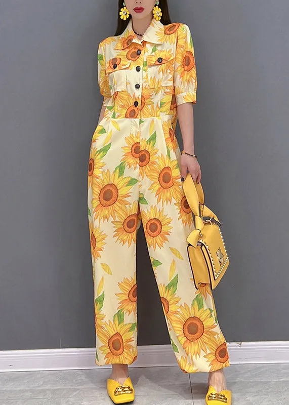 Slim Fit Yellow Peter Pan Collar Button Pockets Floral Print Overalls Jumpsuit Short Sleeve