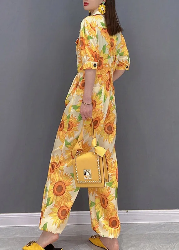 Slim Fit Yellow Peter Pan Collar Button Pockets Floral Print Overalls Jumpsuit Short Sleeve