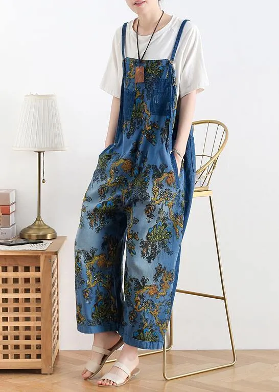 Spring original literary fashion retro ethnic style blue printed loose denim overalls