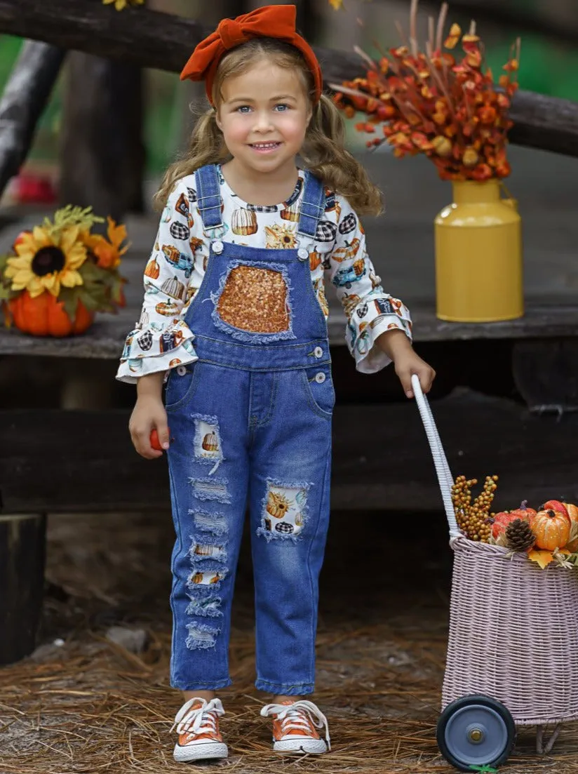 Sweet Pumpkin Sequin Patched Overall Set