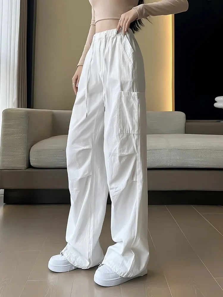 VAIGE White Washed Pure Cotton Wide Leg Casual Baggy Cargo Pants with Pocket and Elastic Waist