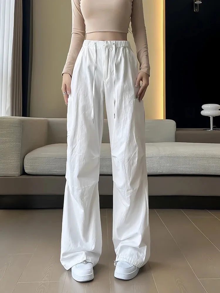 VAIGE White Washed Pure Cotton Wide Leg Casual Baggy Cargo Pants with Pocket and Elastic Waist