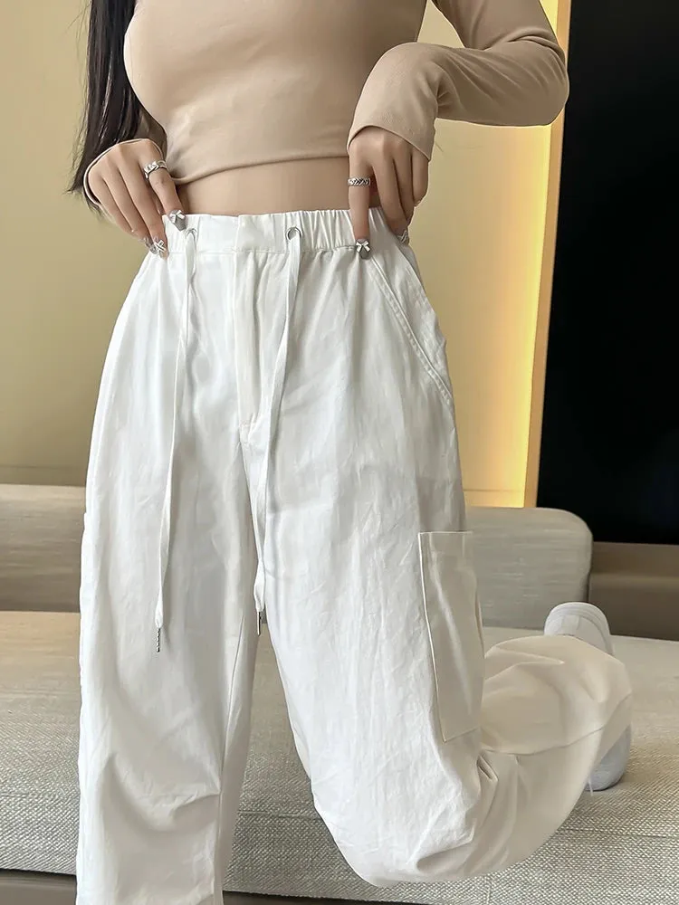 VAIGE White Washed Pure Cotton Wide Leg Casual Baggy Cargo Pants with Pocket and Elastic Waist