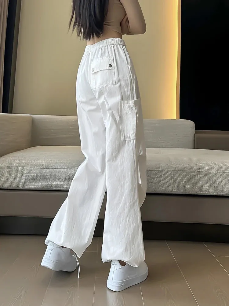 VAIGE White Washed Pure Cotton Wide Leg Casual Baggy Cargo Pants with Pocket and Elastic Waist