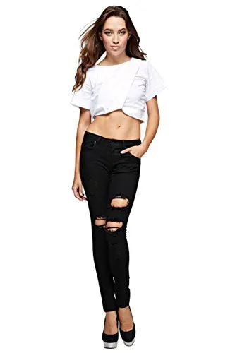 Vialumi Women's Juniors Torn Distressed Ripped Destroyed Skinny Jeans Black 9