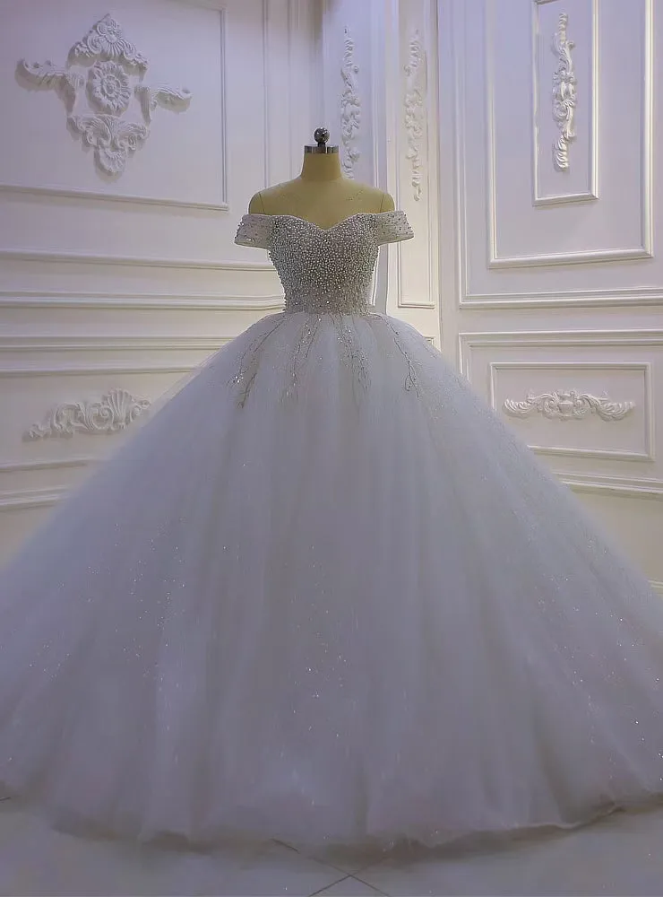 White Tulle Sequins Pearls Off the Shoulder Wedding Dress