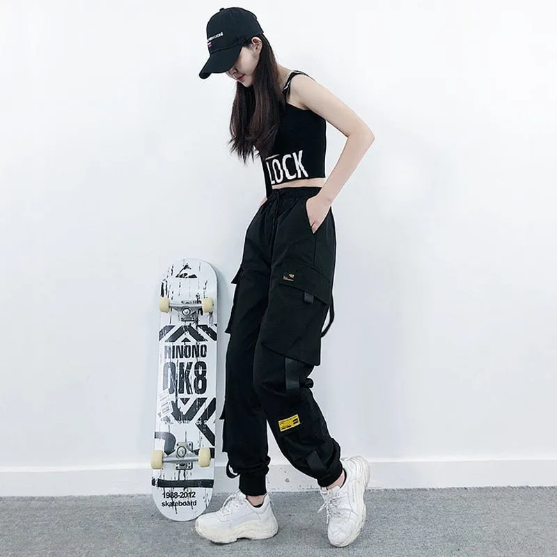 Women Black Ankle Length Elastic Waist Fashion Streetwear Cargo Pants