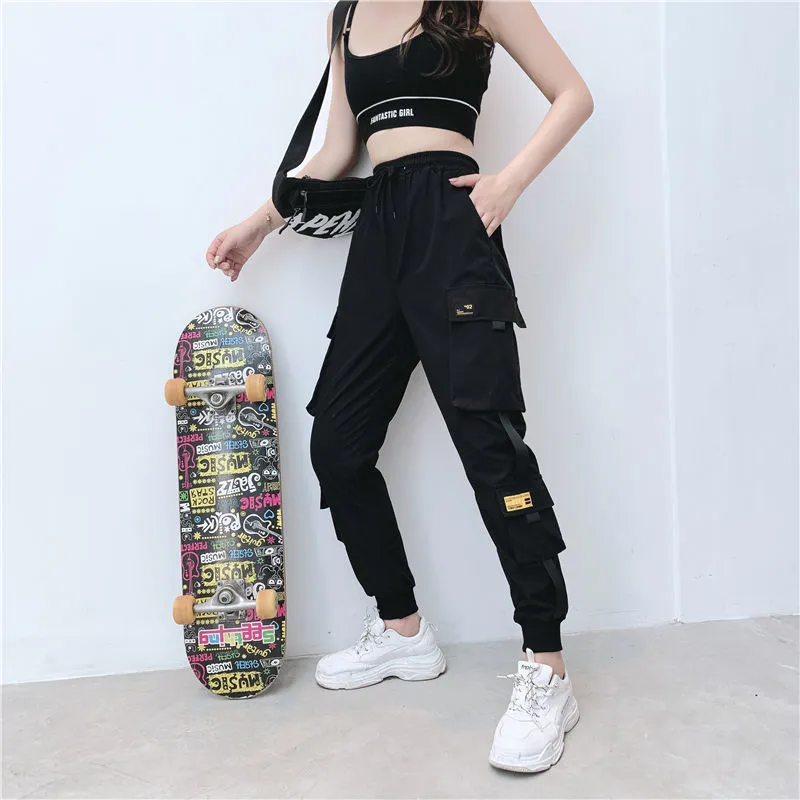 Women Black Ankle Length Elastic Waist Fashion Streetwear Cargo Pants